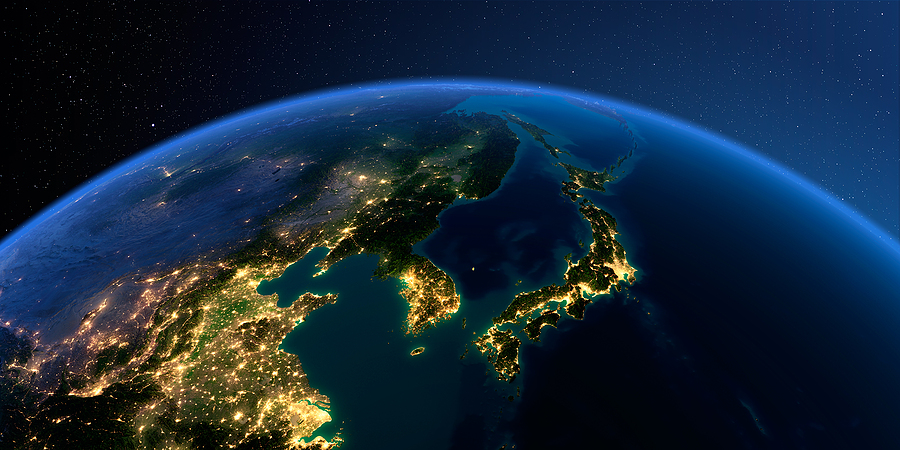 Planet Earth with detailed relief at night lit by the lights of cities. Korea and Japan. 3D rendering. Elements of this image furnished by NASA